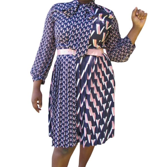 Navy and pink chiffon long sleeve dress - Picture 1 of 5